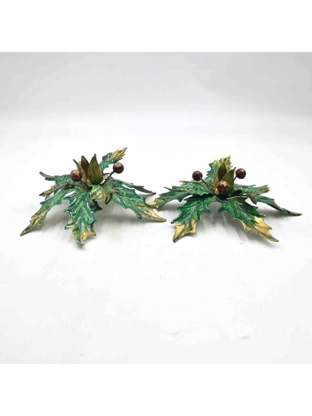 Christmas Holly Berries Candle Holder Made In Italy Vintage Pair Of 2